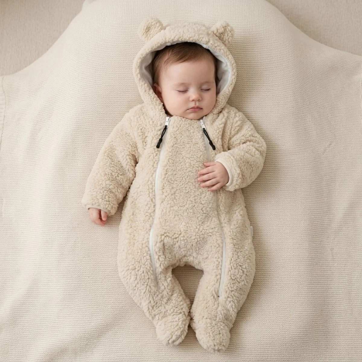 İki Fermuar Detaylı Welsfot Peluş Bebek Tulum – Bej