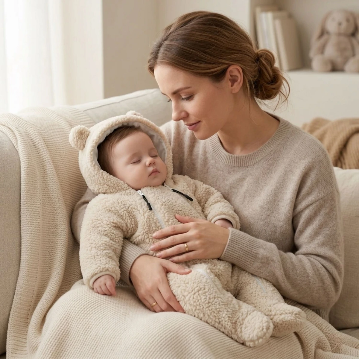 İki Fermuar Detaylı Welsfot Peluş Bebek Tulum – Bej