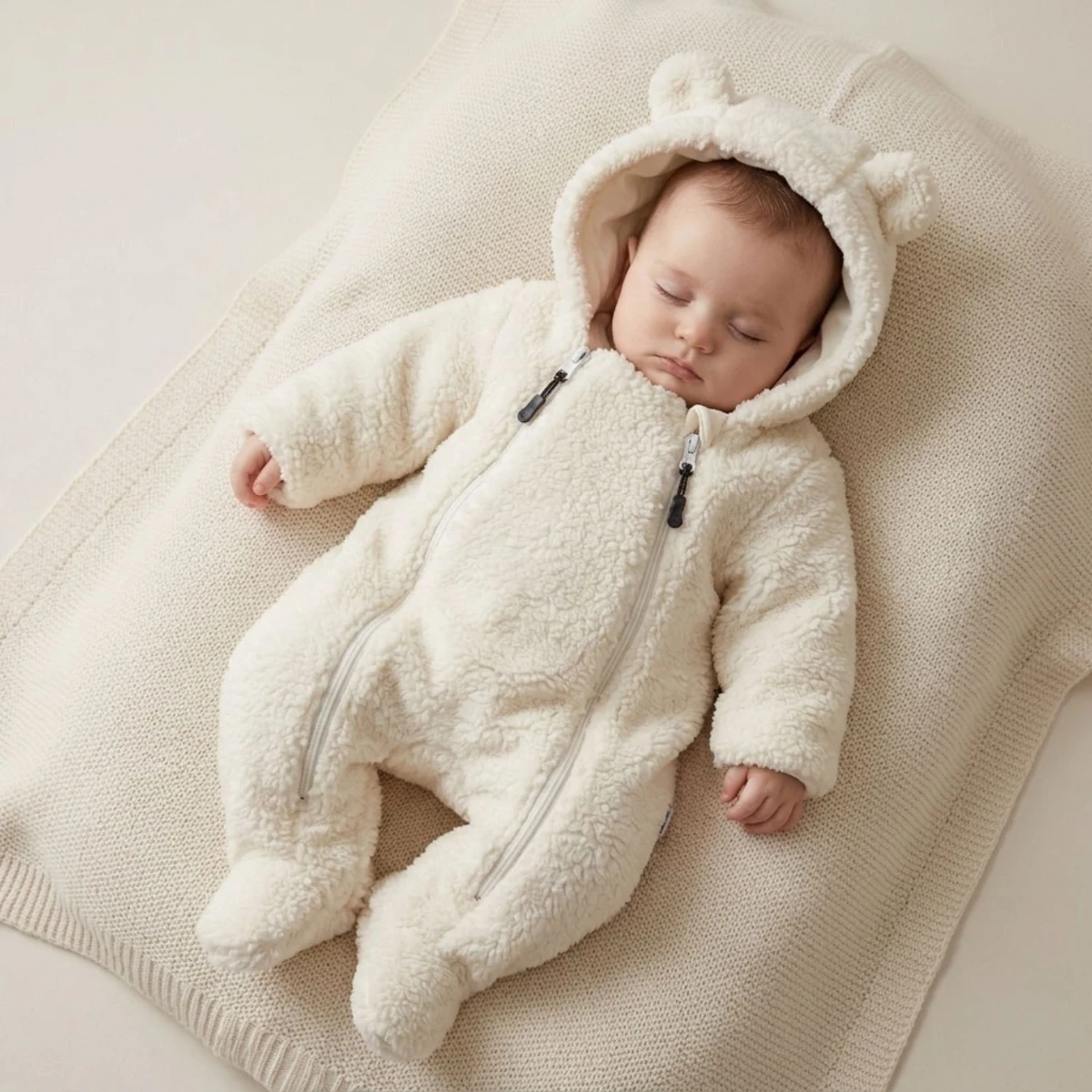 İki Fermuar Detaylı Welsfot Peluş Bebek Tulum – Beyaz