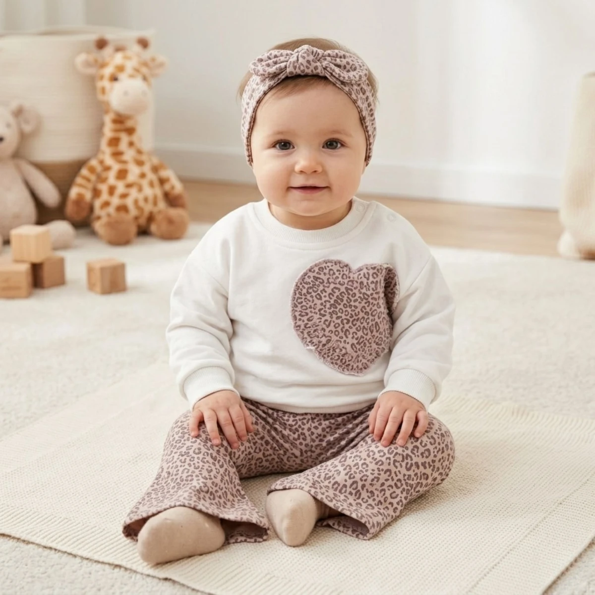 Leopar Baskılı Kalp Detaylı %100 Pamuk Kız Bebek 3’lü Takım