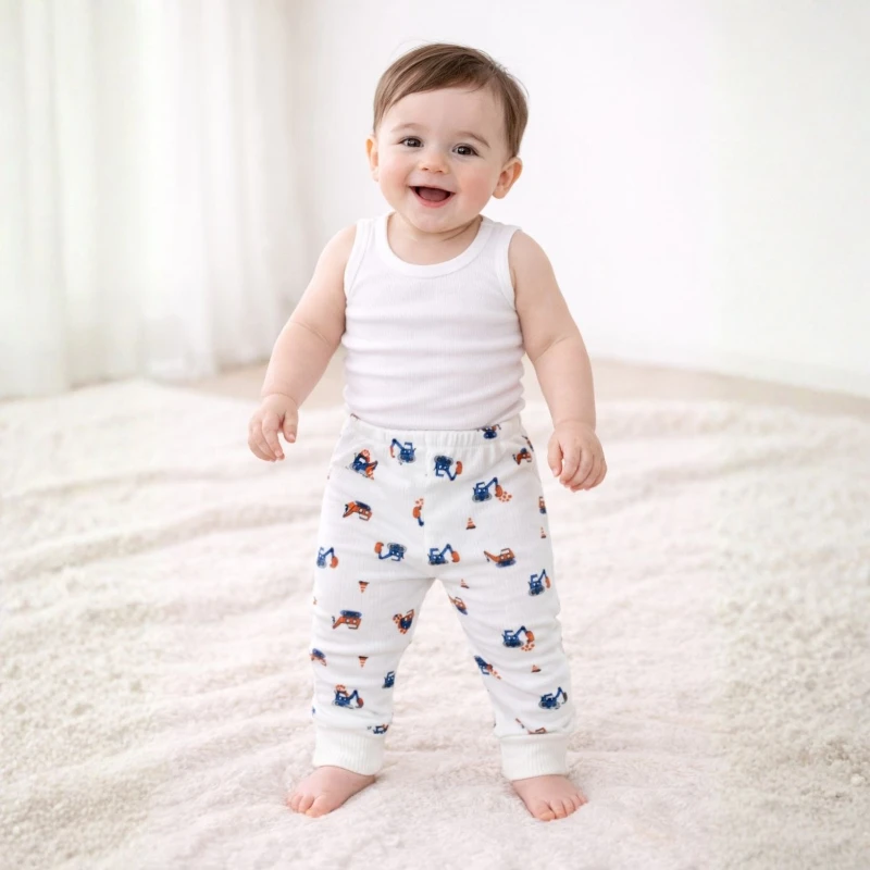 Ekskavatör Figürlü Beyaz Desenli %95 Pamuk %5 Likra Tek Alt Bebek Pantolonu