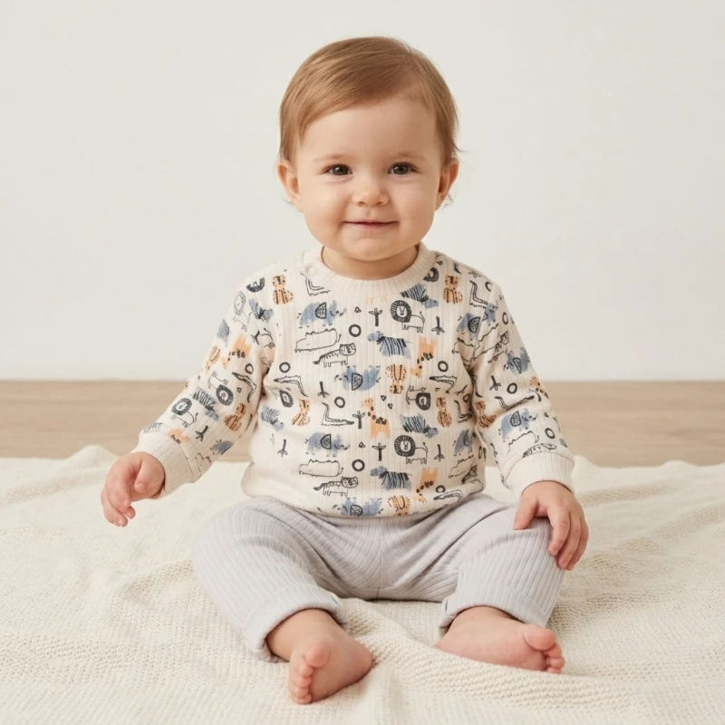 Hayvan Figürlü Bej Desenli %100 Pamuk Erkek Bebek 2'li Takım