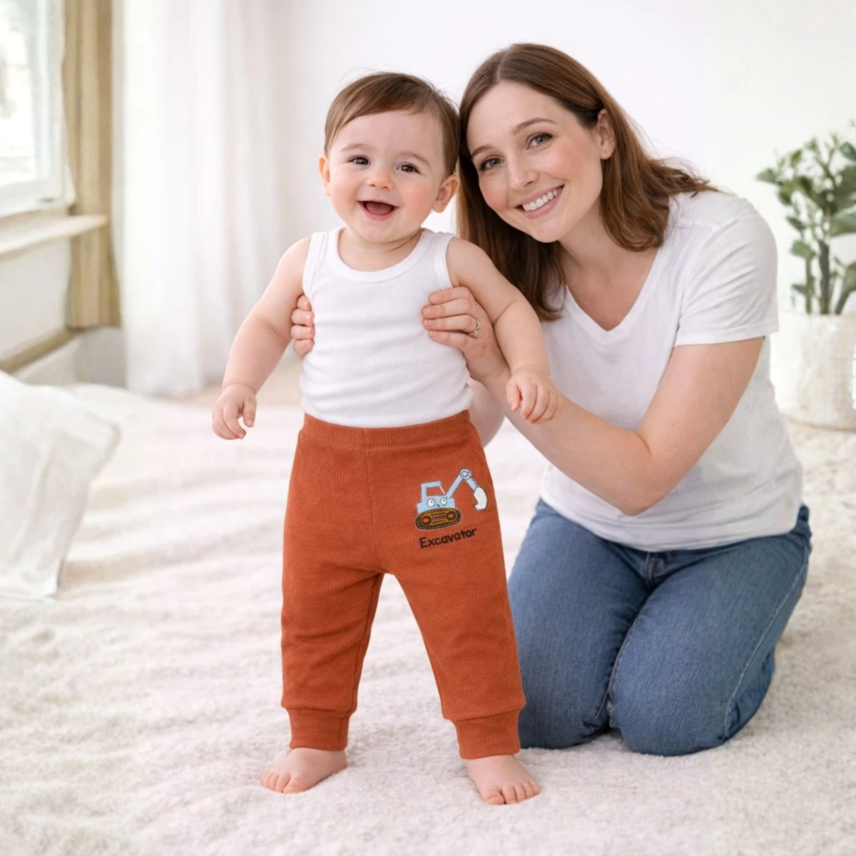 Ekskavatör Figürlü Kırmızı %95 Pamuk %5 Likra Tek Alt Bebek Pantolonu