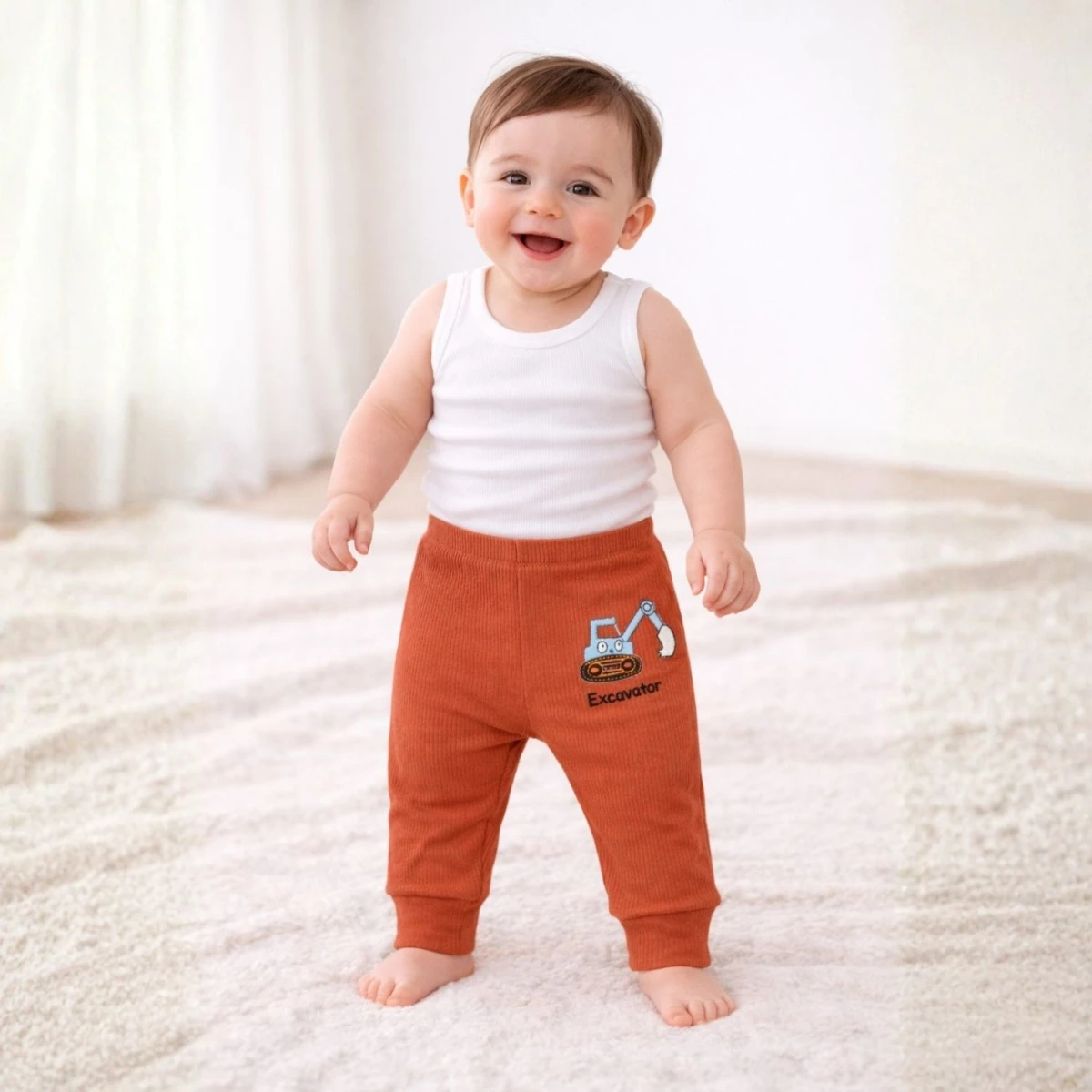 Ekskavatör Figürlü Kırmızı %95 Pamuk %5 Likra Tek Alt Bebek Pantolonu