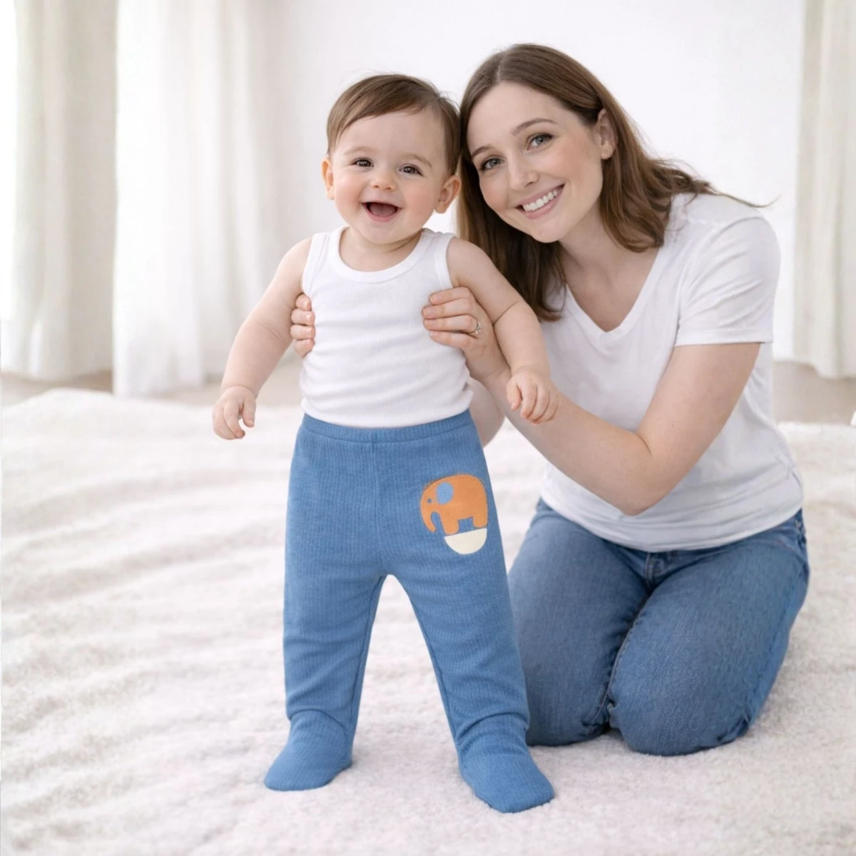 Erkek Bebek %95 Pamuk %5 Likra Fil Aplikeli Patikli Alt (Mavi)