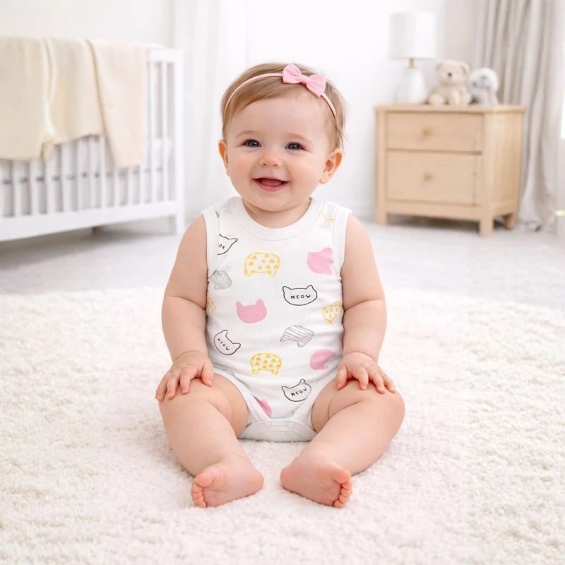 Kedi Baskılı %100 Pamuk İnterlok Kız Bebek Kolsuz Badi