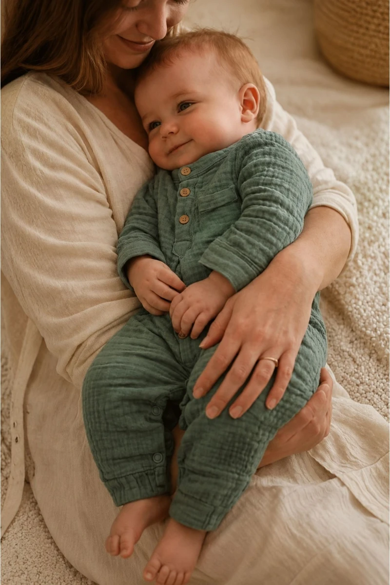 Müslin Pamuklu Unisex Bebek Tulumu - Haki