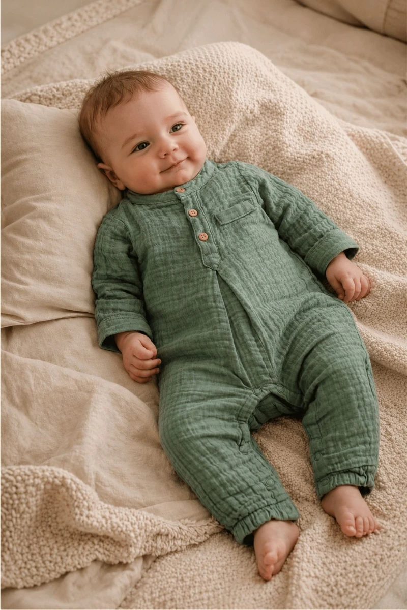 Müslin Pamuklu Unisex Bebek Tulumu - Haki