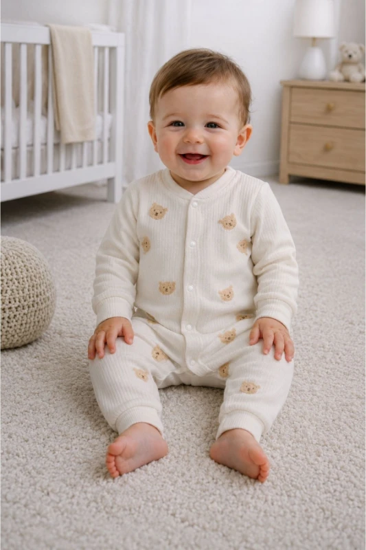 Minik Ayı Nakışlı Bebek Tulumu