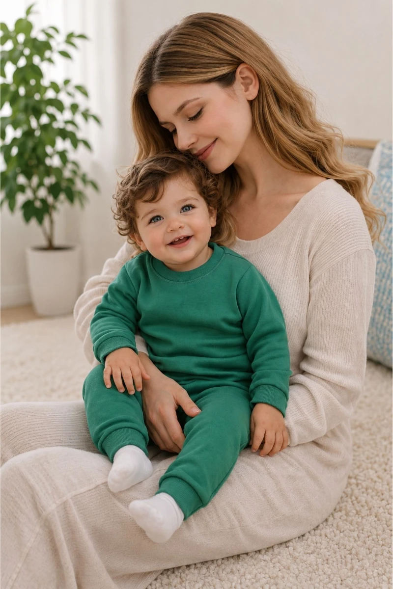 2 İplik Pamuklu Unisex Bebek Eşofman Takımı - Yeşil - YEŞİL