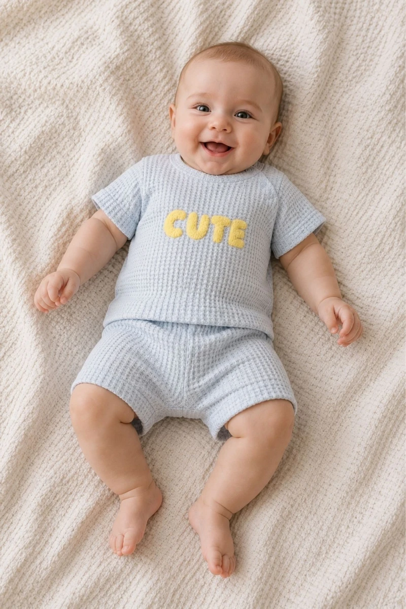 Cute Nakışlı Jakarlı Erkek Bebek 2’li Şort Takımı - MAVİ