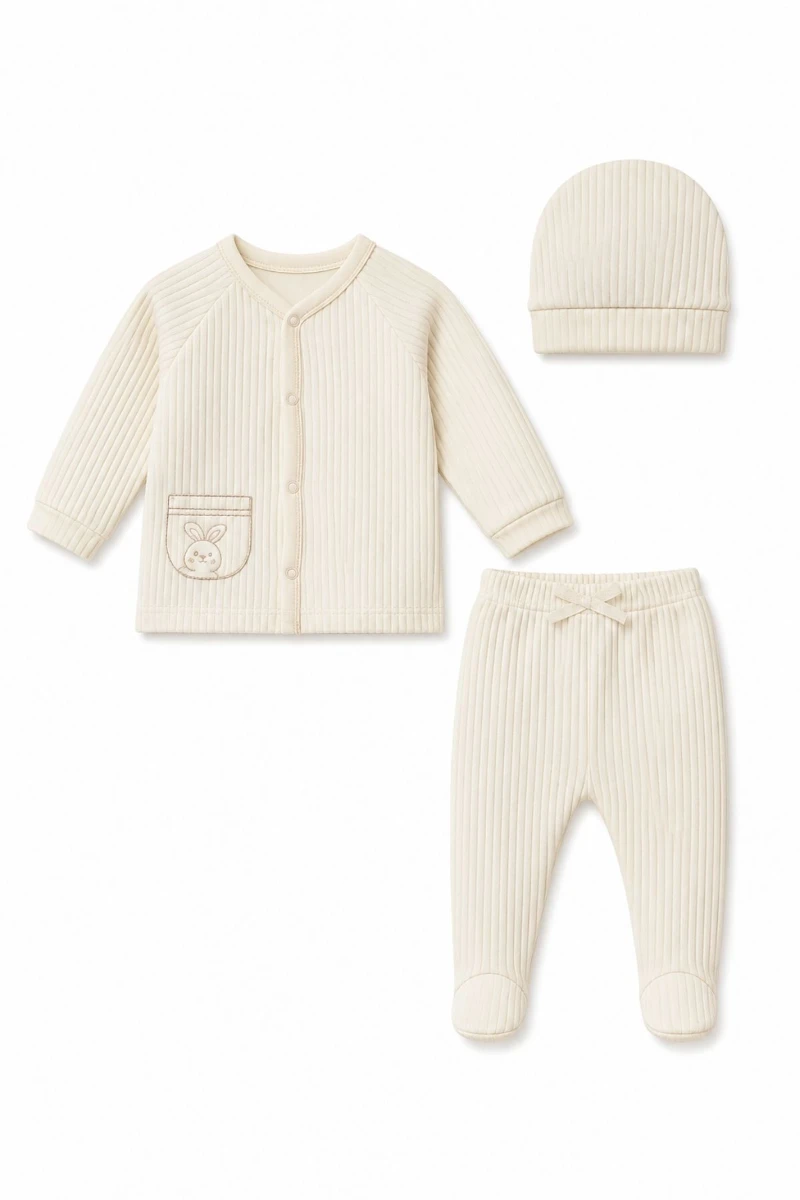 Ekru Fitilli Pamuk 3 Parça Unisex Bebek Takımı (Hırka Alt Bere) - KREM 