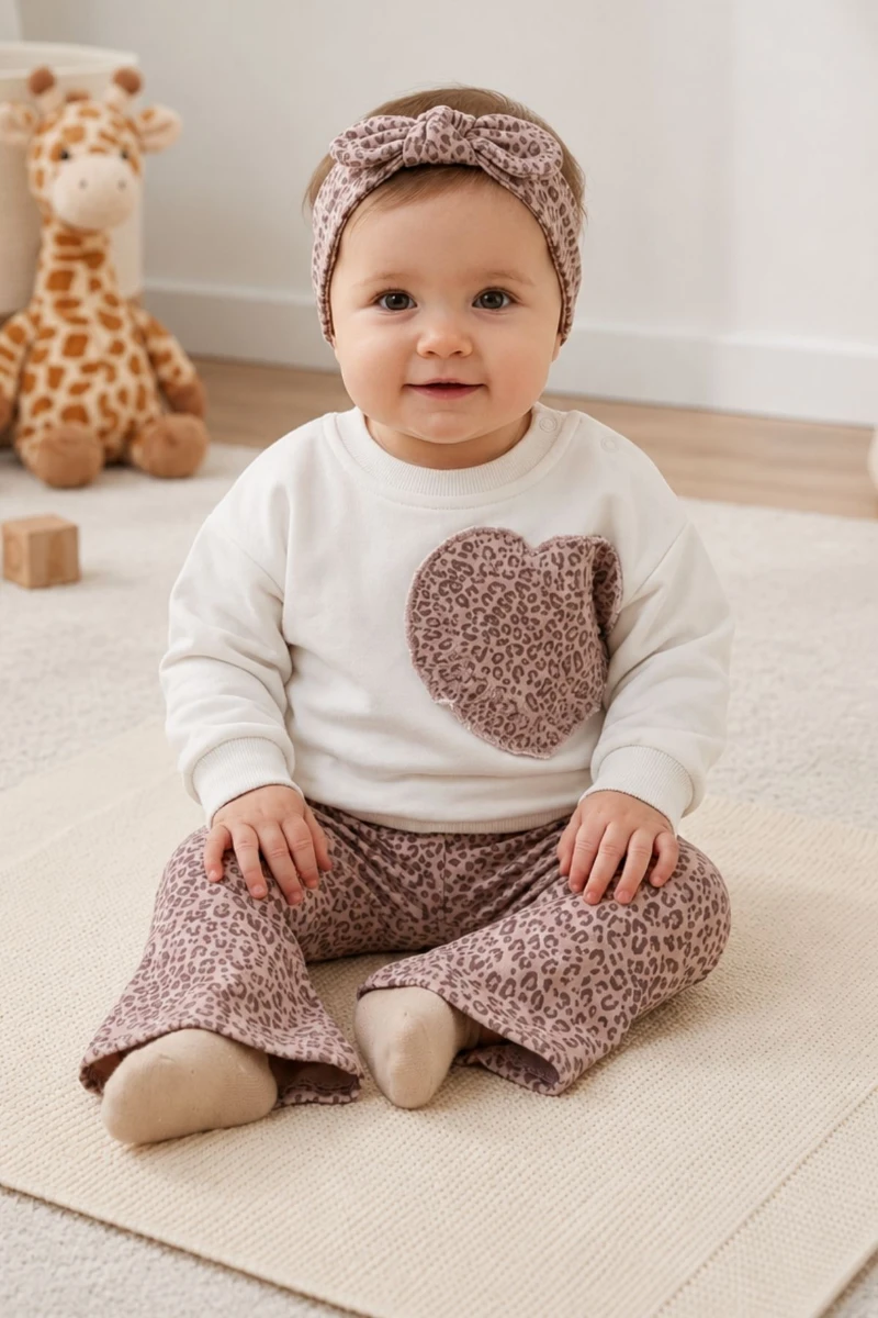 Leopar Baskılı Kalp Detaylı Bebek 3'lü Takım