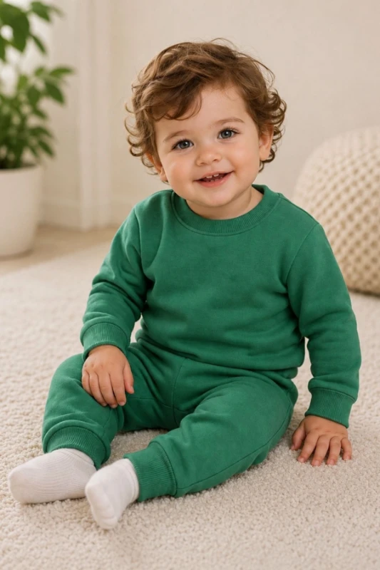 2 İplik Pamuklu Unisex Bebek Eşofman Takımı - Yeşil