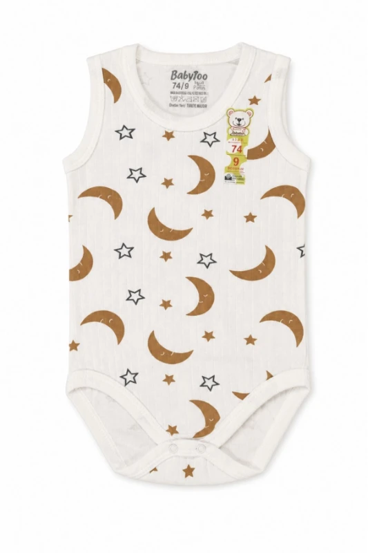Ay & Yıldız Figürlü Pamuklu Kolsuz Unisex Bebek Body - Beyaz