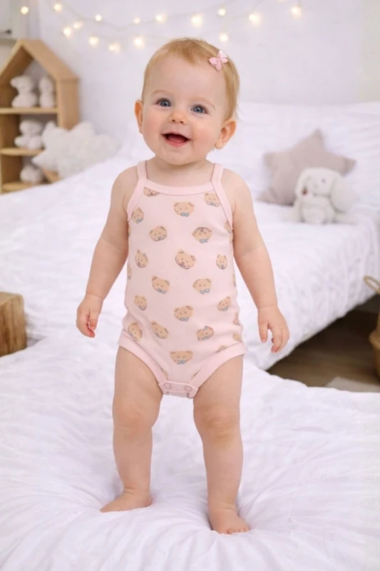 Ayıcık Figürlü Askılı Kız Bebek Body - Pudra Pembe