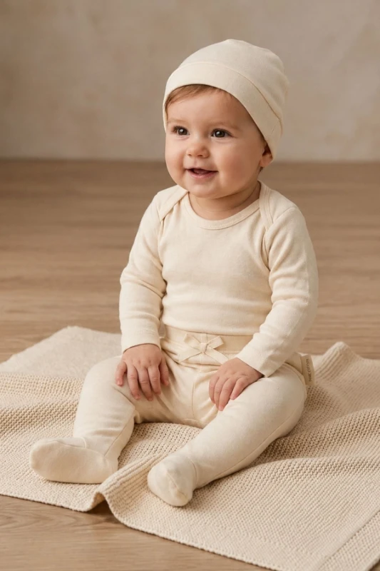 Ekru %100 Pamuk Penye Şapkalı Unisex Yenidoğan 3’lü Takım