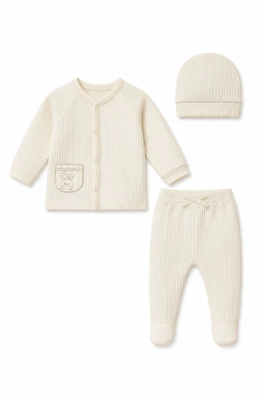 Ekru Fitilli Pamuk 3 Parça Unisex Bebek Takımı (Hırka Alt Bere)