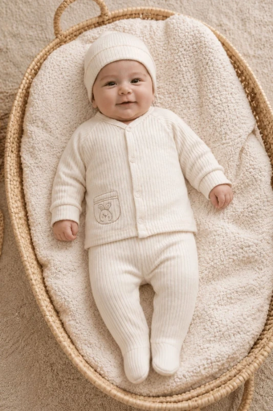 Ekru Fitilli Pamuk 3 Parça Unisex Bebek Takımı (Hırka Alt Bere)