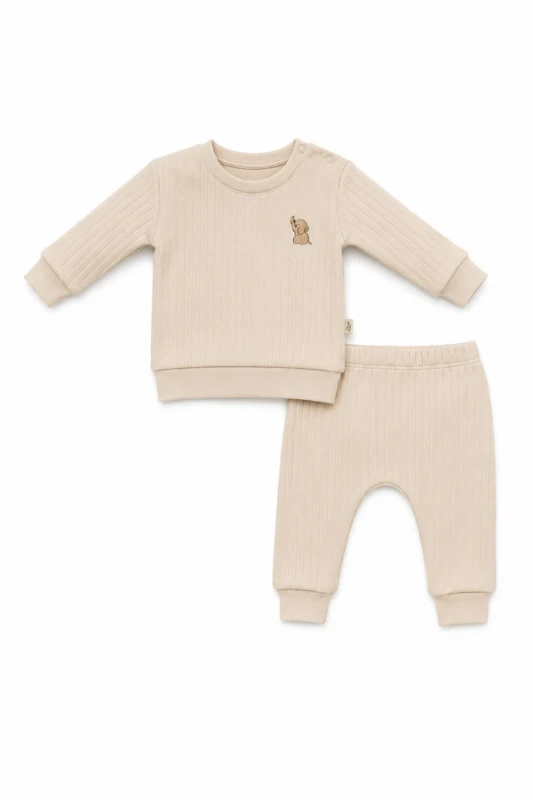 Fil Nakışlı Pamuklu 2’li Unisex Bebek Takımı - Bej