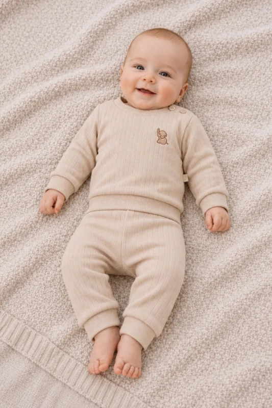 Fil Nakışlı Pamuklu 2’li Unisex Bebek Takımı - Bej