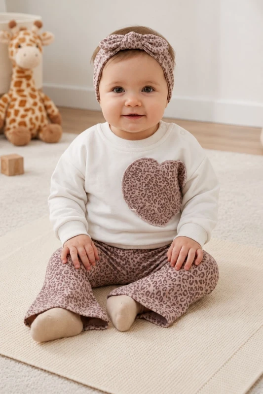 Leopar Baskılı Kalp Detaylı Bebek 3'lü Takım