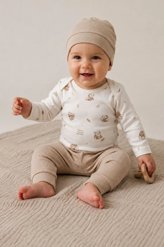 Panda Baskılı %100 Pamuk İnterlok Unisex Yenidoğan 3’lü Takım