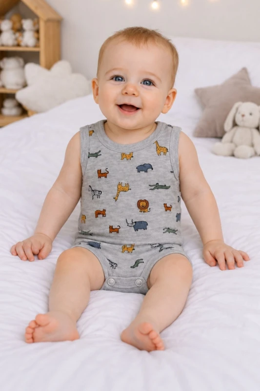 Hayvan Figürlü Pamuklu Askılı Unisex Bebek Body - Gri