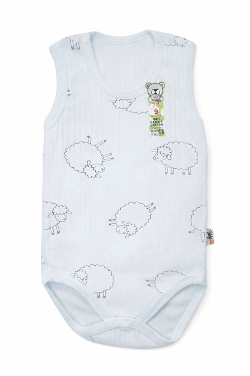 Beyaz %100 Pamuk Koyun Baskılı Unisex Bebek Kolsuz Body