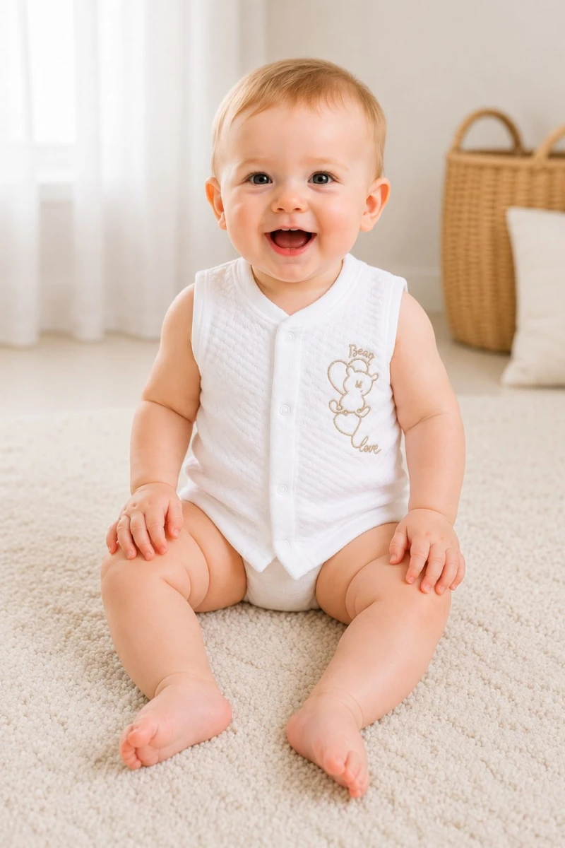 Kalpli Ayı Nakışlı Kapitone Unisex Bebek Yelek - Beyaz - BEYAZ