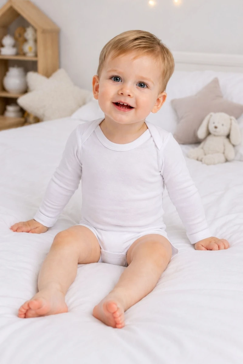Pamuklu Uzun Kollu Unisex Bebek Body - Beyaz - BEYAZ