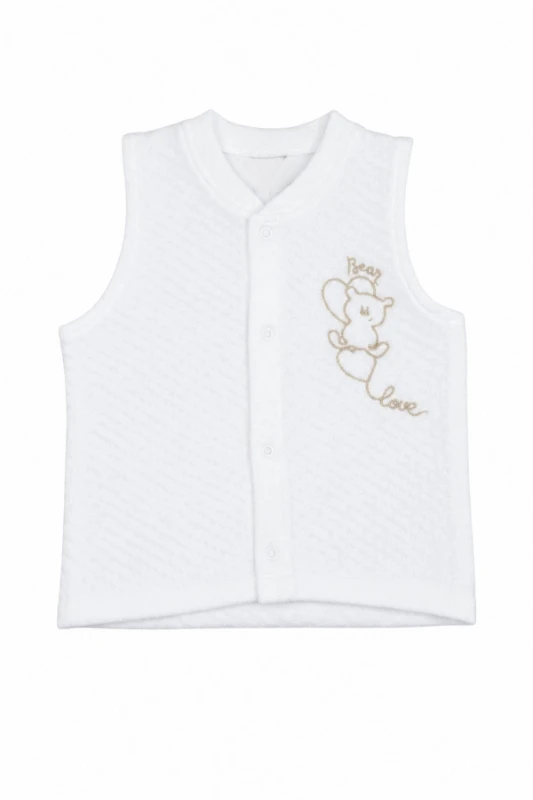 Kalpli Ayı Nakışlı Kapitone Unisex Bebek Yelek - Beyaz