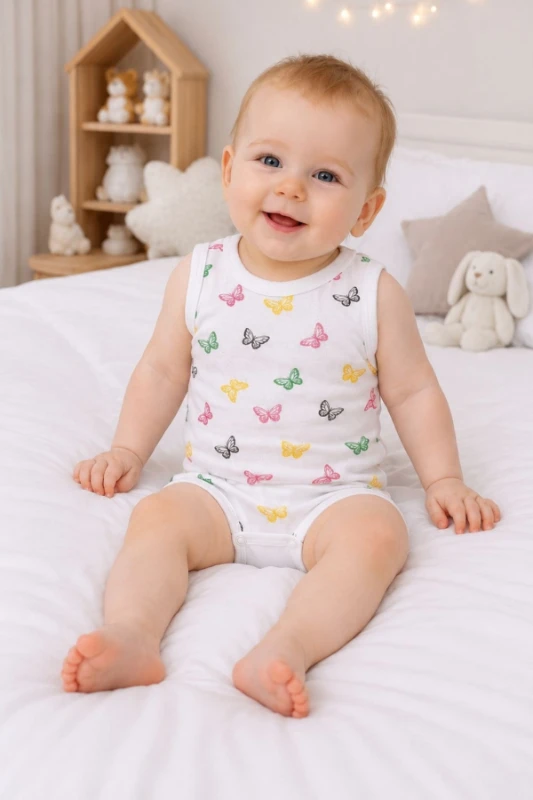 Kelebek Figürlü Pamuklu Kolsuz Unisex Bebek Body - Beyaz