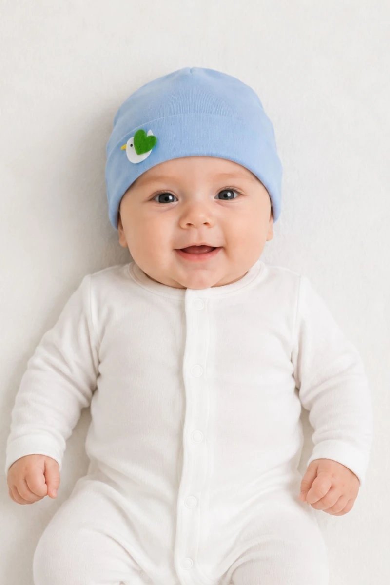 %100 Pamuk İnterlok Unisex Bebek Kuş Figürlü Bere (1–6 Ay)