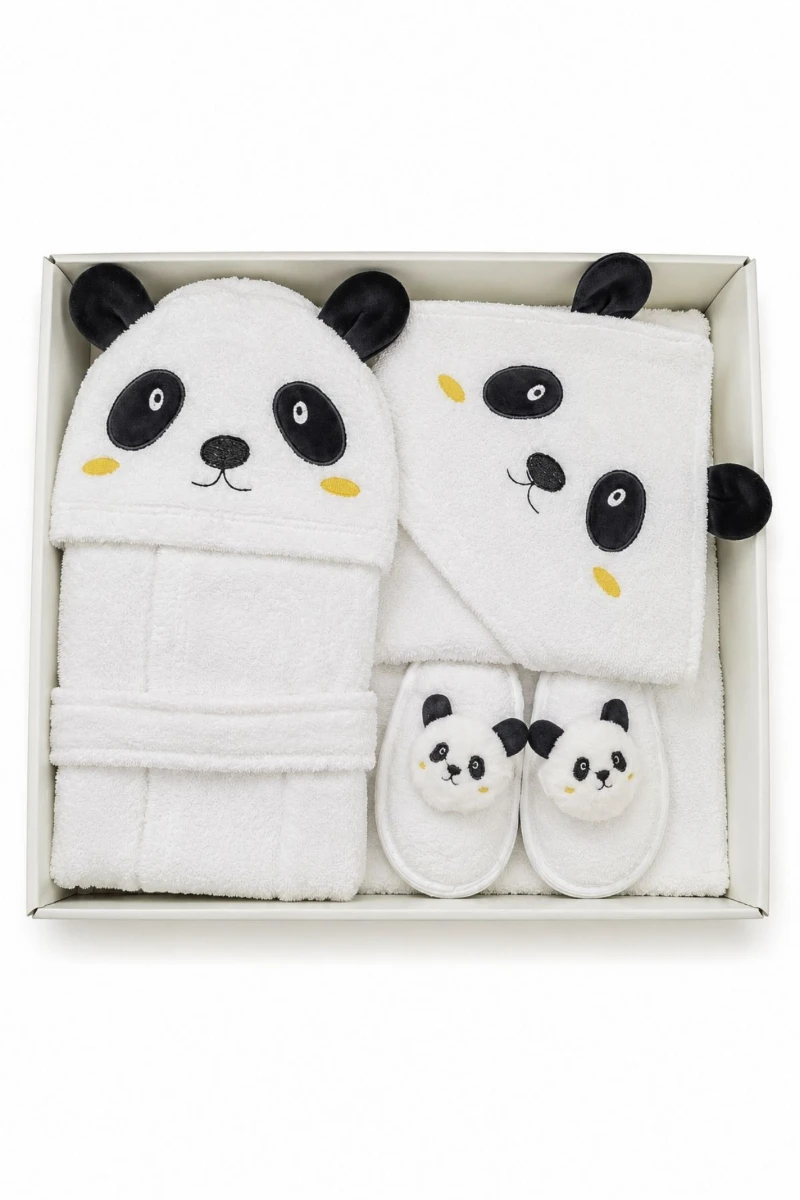 Panda Figürlü %100 Pamuk Unisex Bebek Bornoz Seti 0-24 Ay Kutulu