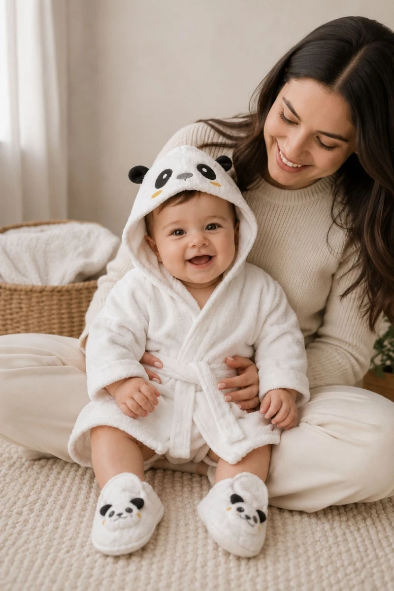 Panda Figürlü %100 Pamuk Unisex Bebek Bornoz Seti 0-24 Ay Kutulu