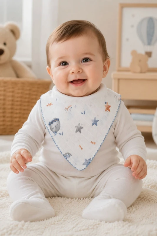 Müslin Bebek Fular Önlük Yıldız Ay Desenli