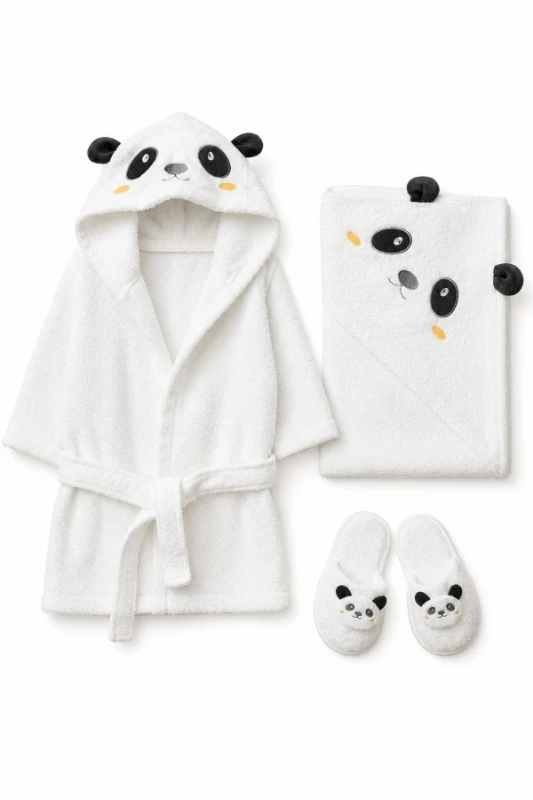 Panda Figürlü %100 Pamuk Unisex Bebek Bornoz Seti 0-24 Ay Kutulu