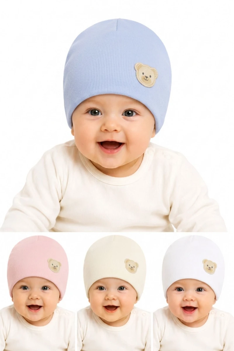 %100 Pamuk İnterlok Unisex Bebek Ayıcık Figürlü Penye Şapka (0–24 Ay)