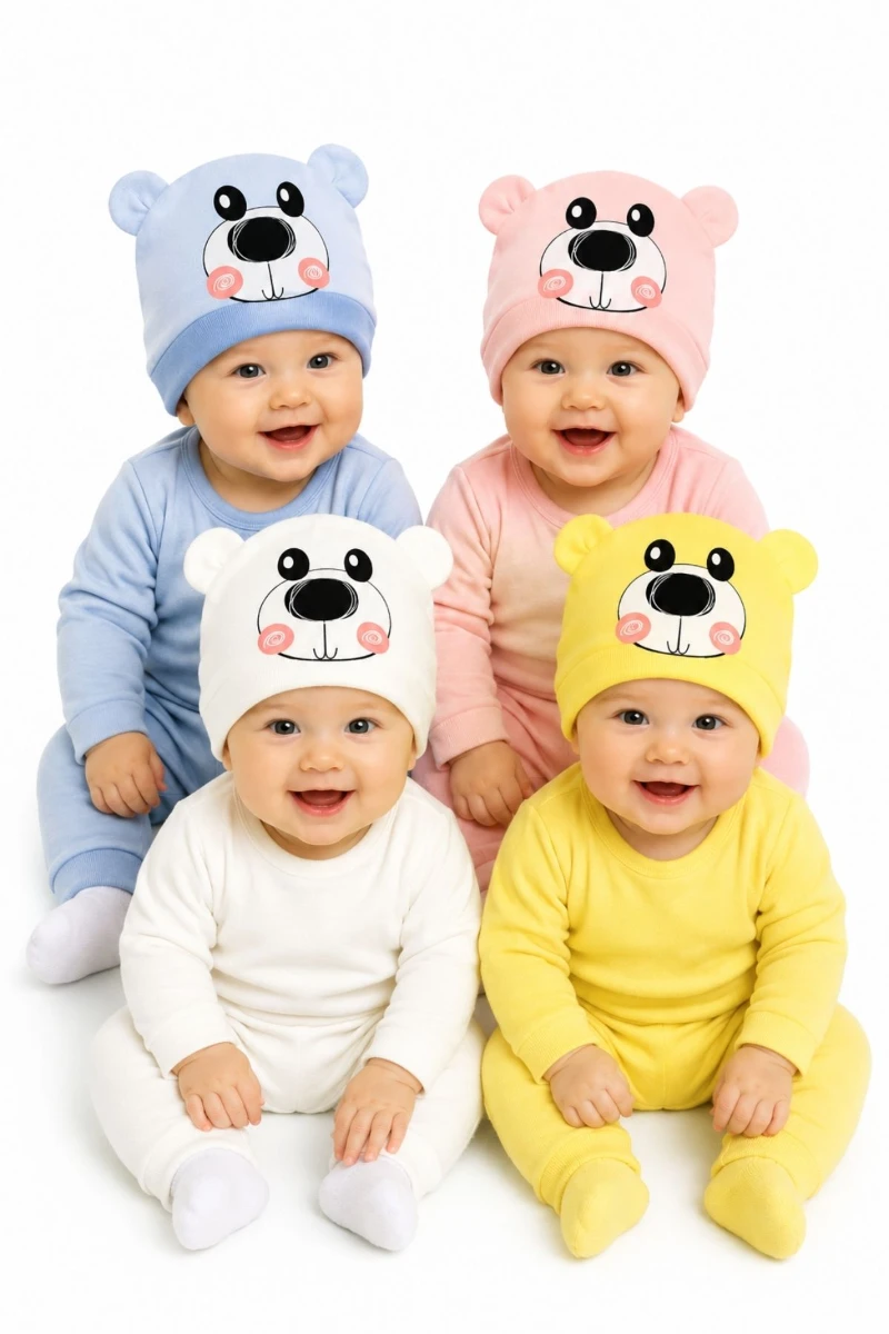 %100 Pamuk İnterlok Unisex Bebek Ayılı Bere (0–12 Ay)