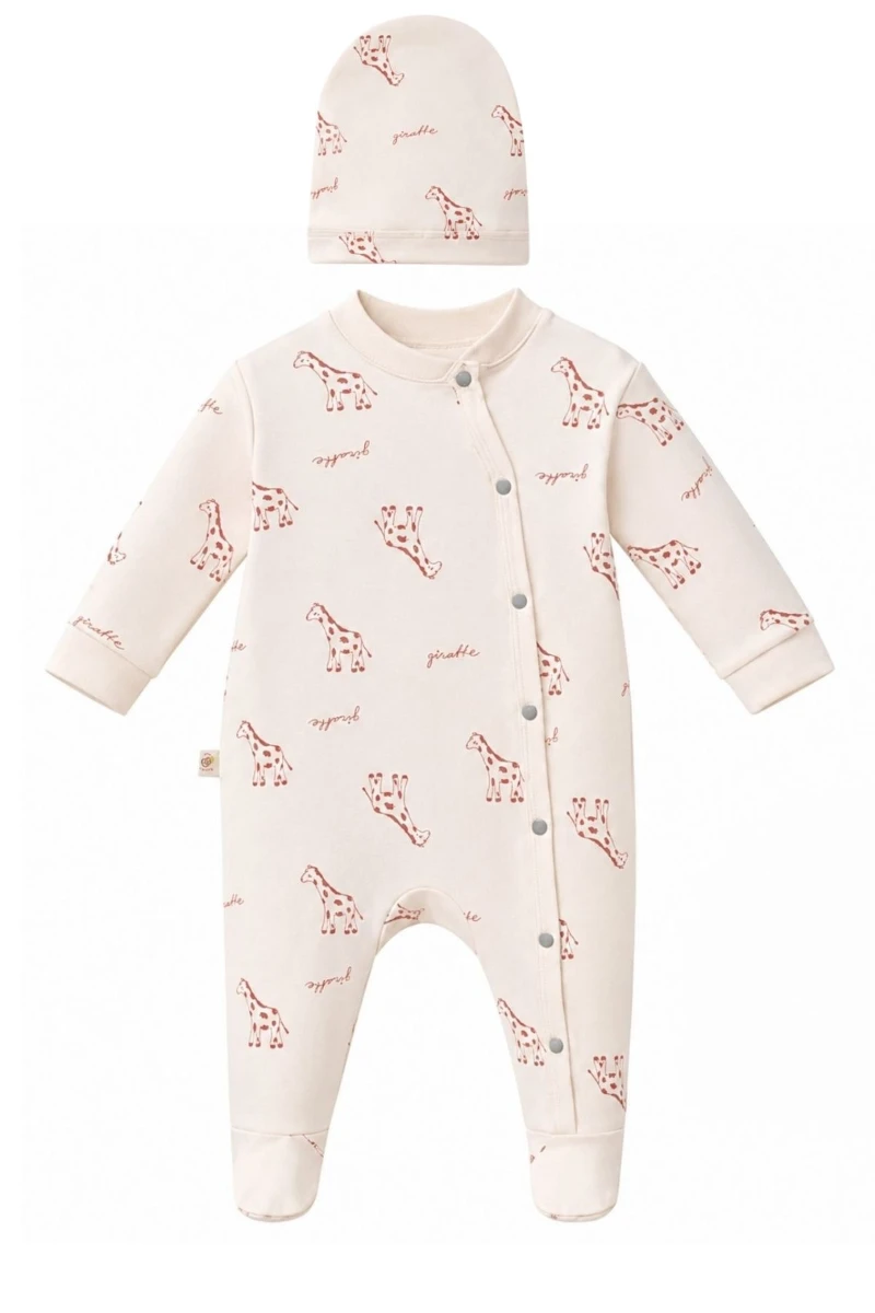 Zürafa Baskılı %100 Pamuk Unisex Bebek Tulum ve Bere 2'li Set - KREM 