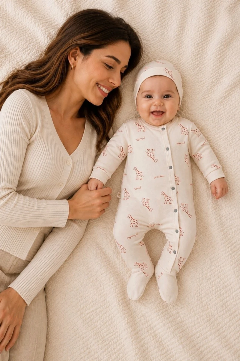 Zürafa Baskılı %100 Pamuk Unisex Bebek Tulum ve Bere 2'li Set - KREM 