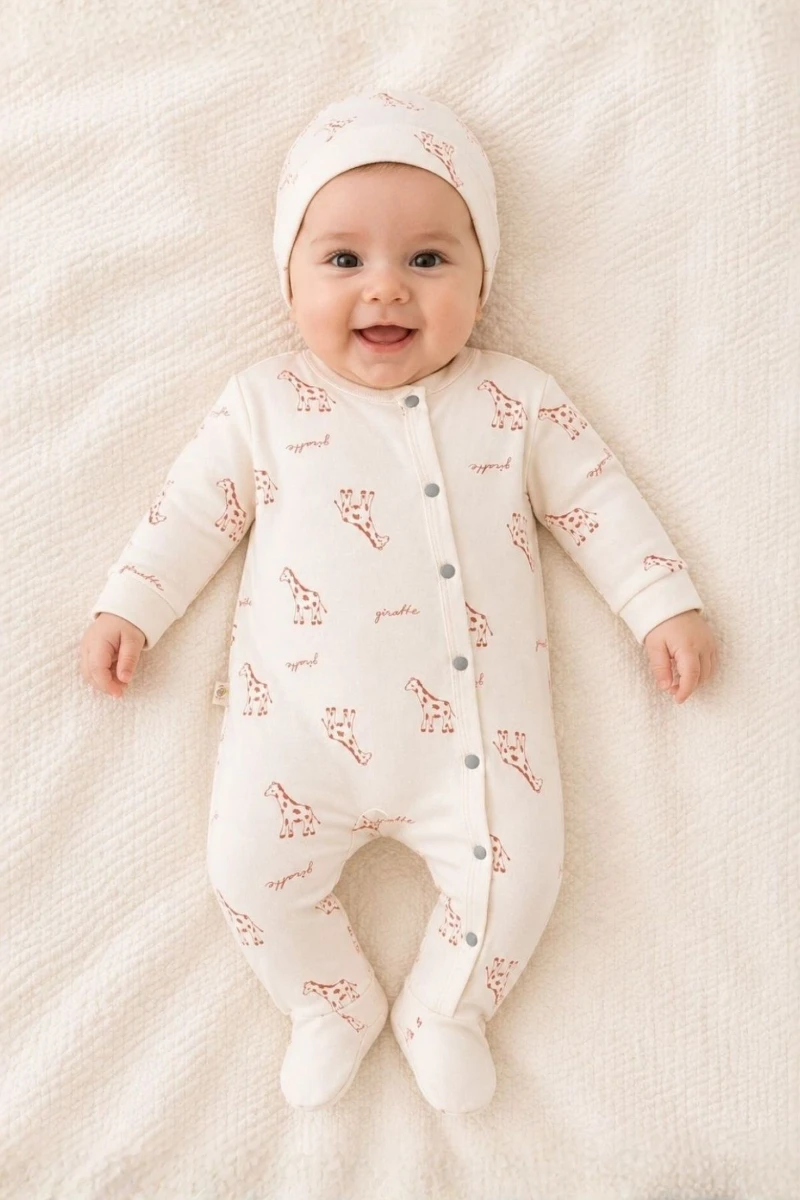 Zürafa Baskılı %100 Pamuk Unisex Bebek Tulum ve Bere 2'li Set - KREM 