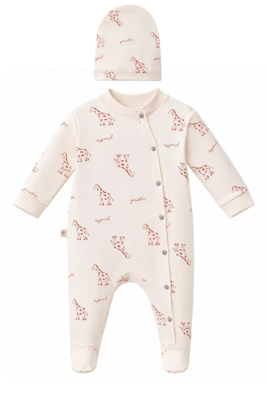 Zürafa Baskılı %100 Pamuk Unisex Bebek Tulum ve Bere 2'li Set - KREM 