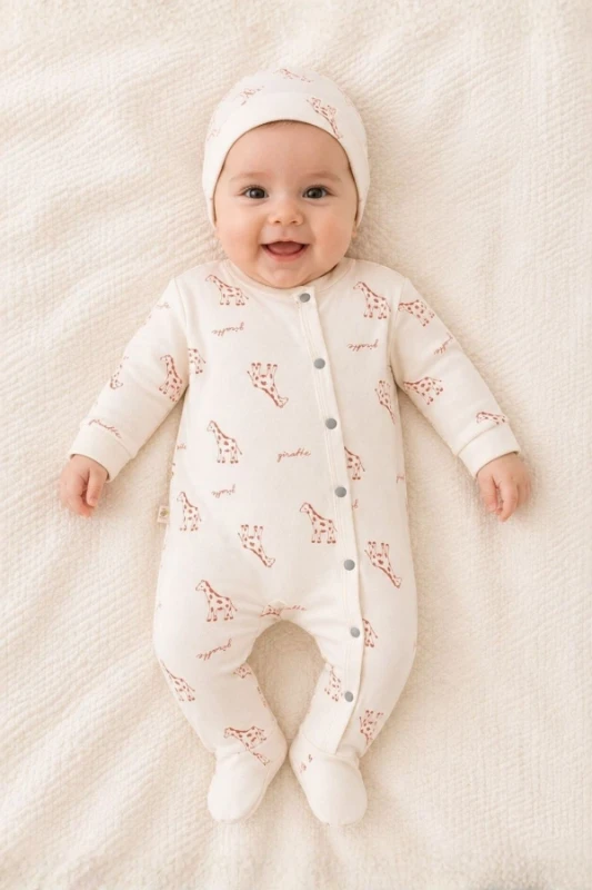 Zürafa Baskılı %100 Pamuk Unisex Bebek Tulum ve Bere 2'li Set - KREM 